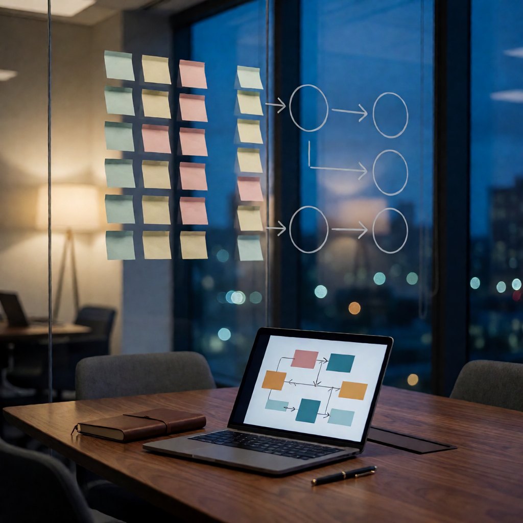 Strategy workshop room with a process roadmap of sticky notes on a glass wall and a laptop showing a workflow diagram