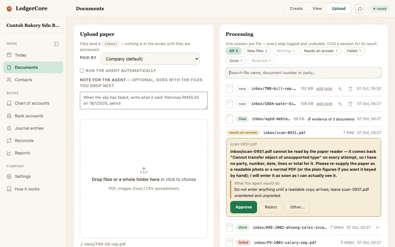 LedgerCore upload screen, where the agent asks for a decision on a paper it could not read