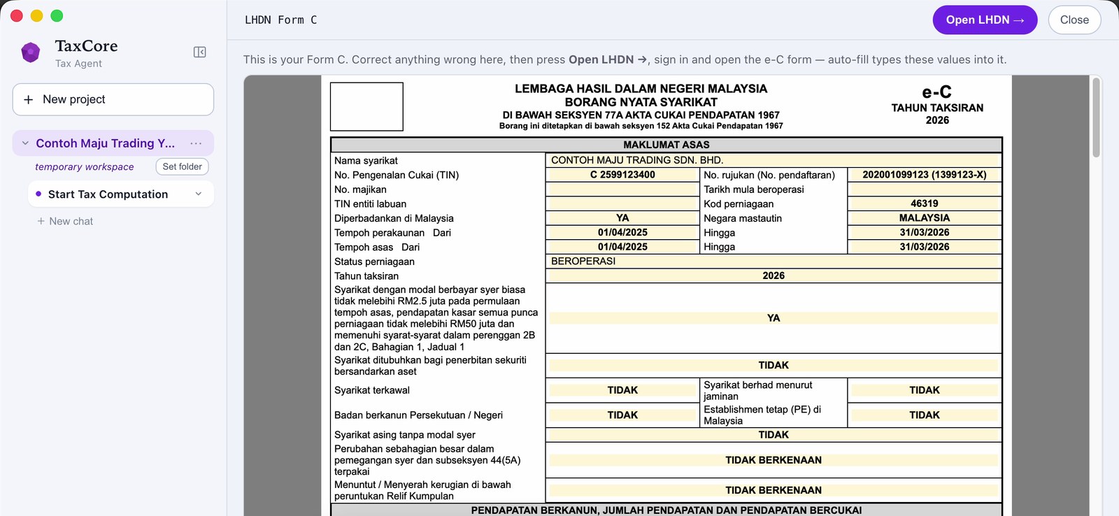 TaxCore Form C draft prepared for a sample company